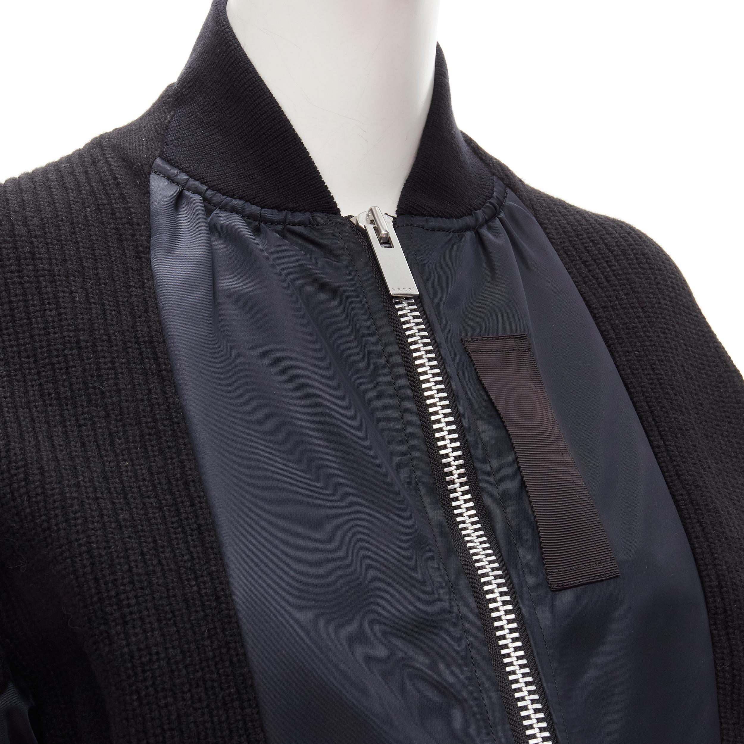 Women's SACAI 2018 black wool knit nylon insert deconstructed bomber jacket JP1 S For Sale