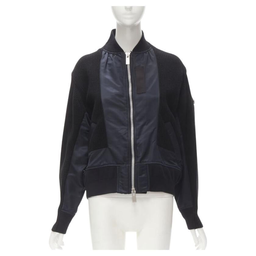 SACAI 2018 black wool knit nylon insert deconstructed bomber jacket JP1 S