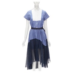 SACAI 2018 blue striped cotton pleated wrap skirt shirt dress JP1 S