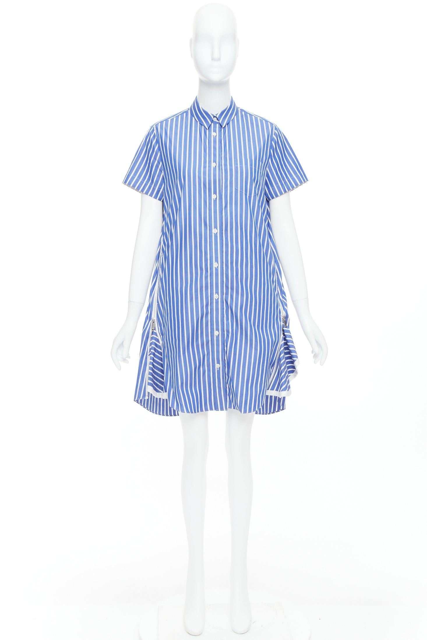 SACAI 2018 blue white cotton striped cascade zip side shirt dress JP2 M 4