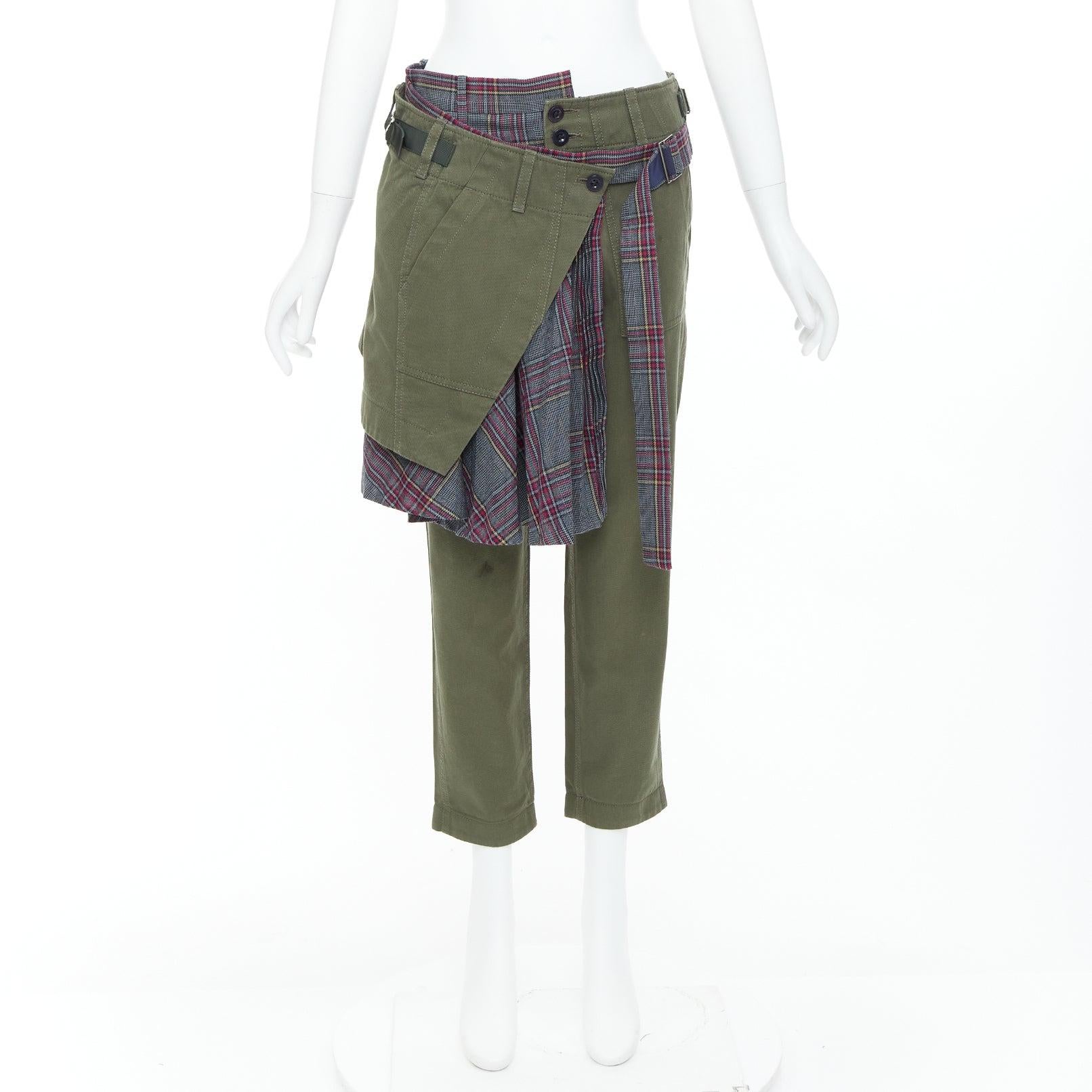 SACAI 2018 - Pantalon kilt à carreaux déconstruits en coton kaki JP2 M en vente 4