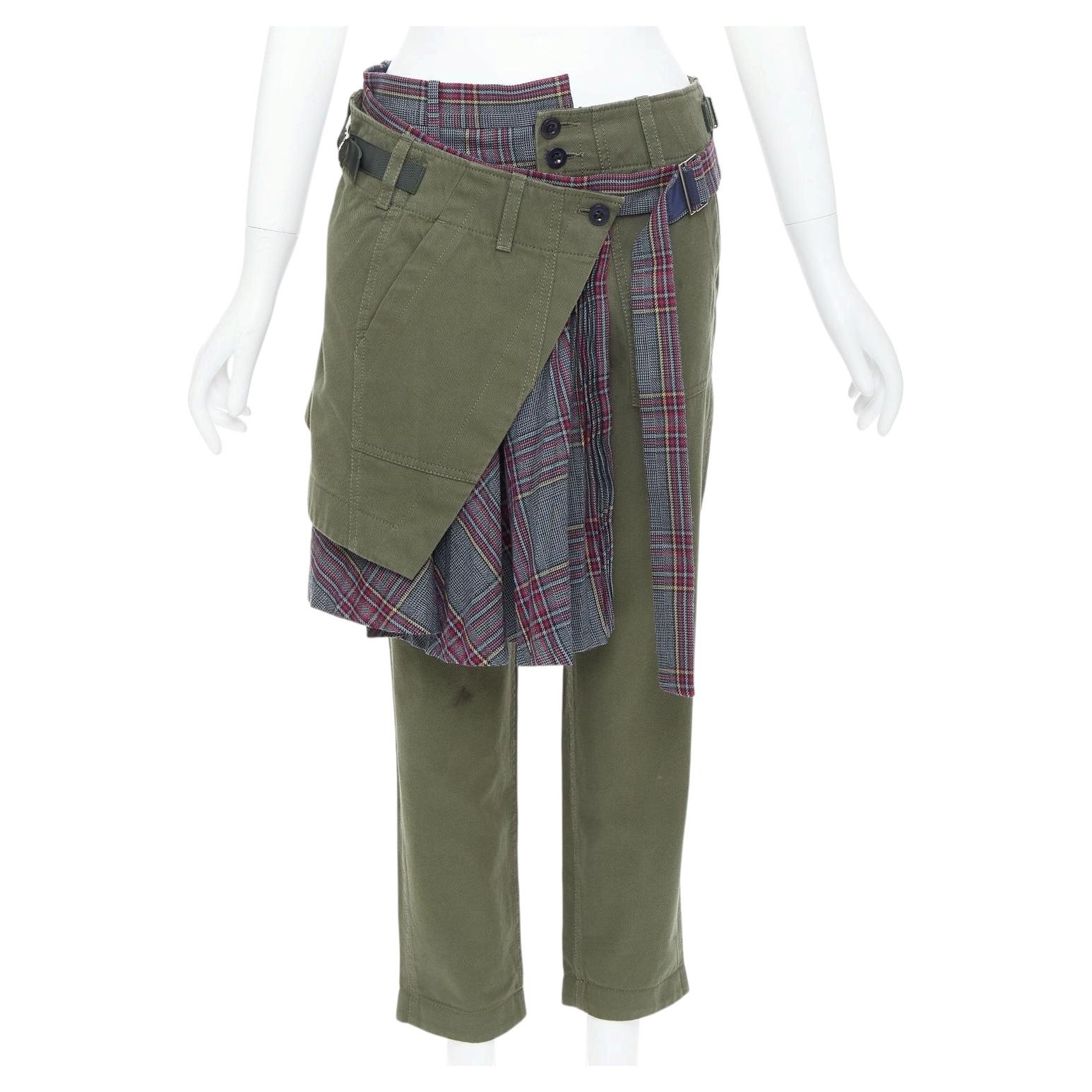 SACAI 2018 khaki cotton deconstructed check wool kilt pants JP2 M