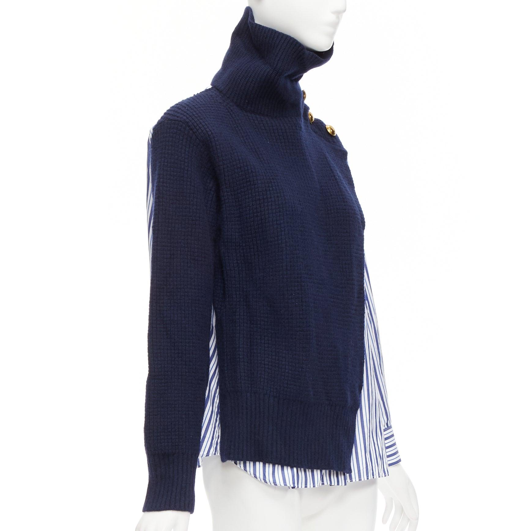 SACAI 2018 navy blue white wool cotton deconstructed hybrid sweater shirt JP1 S In Excellent Condition For Sale In Hong Kong, NT