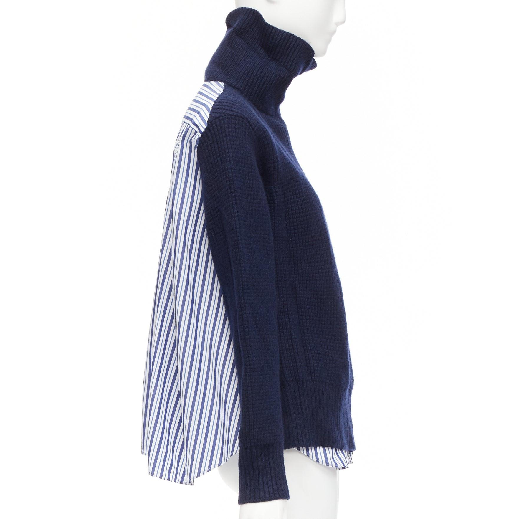 SACAI 2018 - Chemise pull hybride déconstruite en laine de coton bleu marine et blanc JP1 S Pour femmes en vente