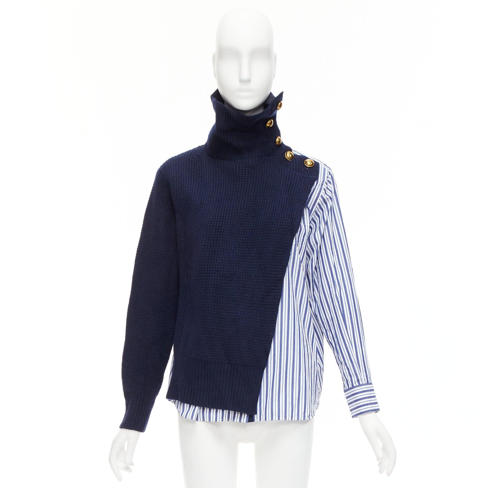 SACAI 2018 navy blue white wool cotton deconstructed hybrid sweater shirt JP1 S For Sale 5