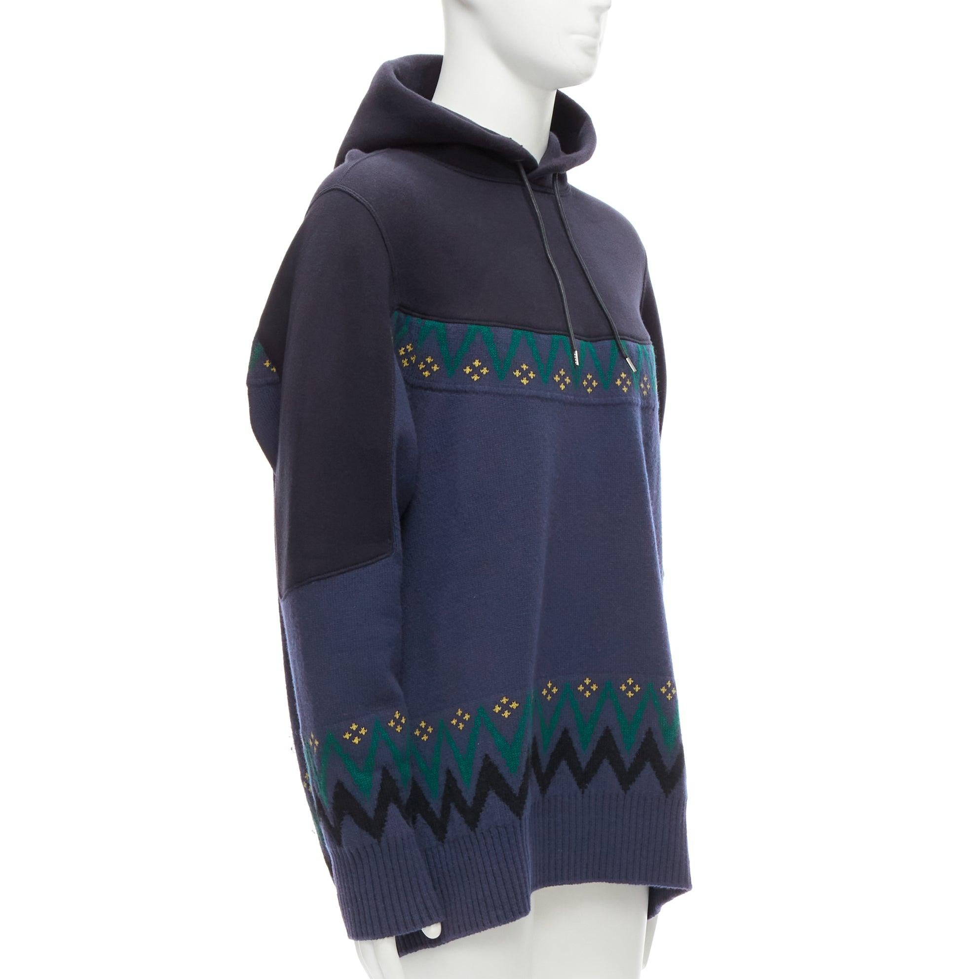 Black SACAI 2018 navy cotton blend fairisle knit sweater hyrid hoodie JP3 L For Sale
