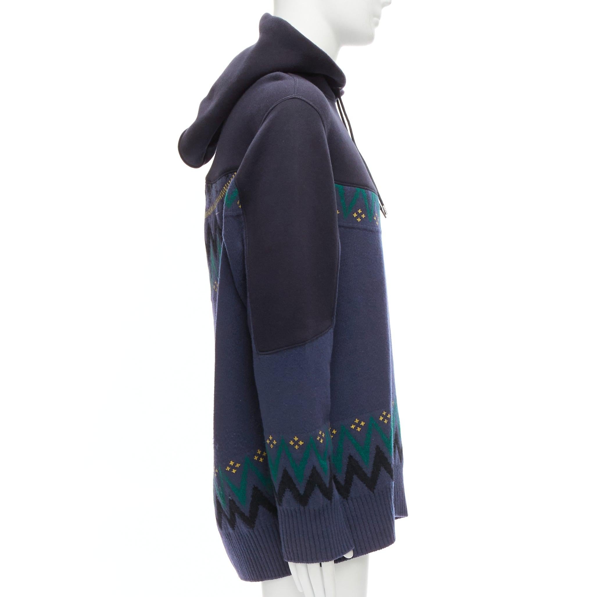SACAI 2018 navy cotton blend fairisle knit sweater hyrid hoodie JP3 L In Good Condition For Sale In Hong Kong, NT