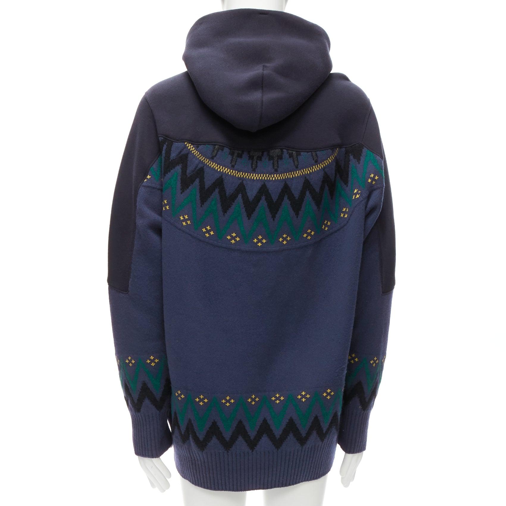 Men's SACAI 2018 navy cotton blend fairisle knit sweater hyrid hoodie JP3 L For Sale