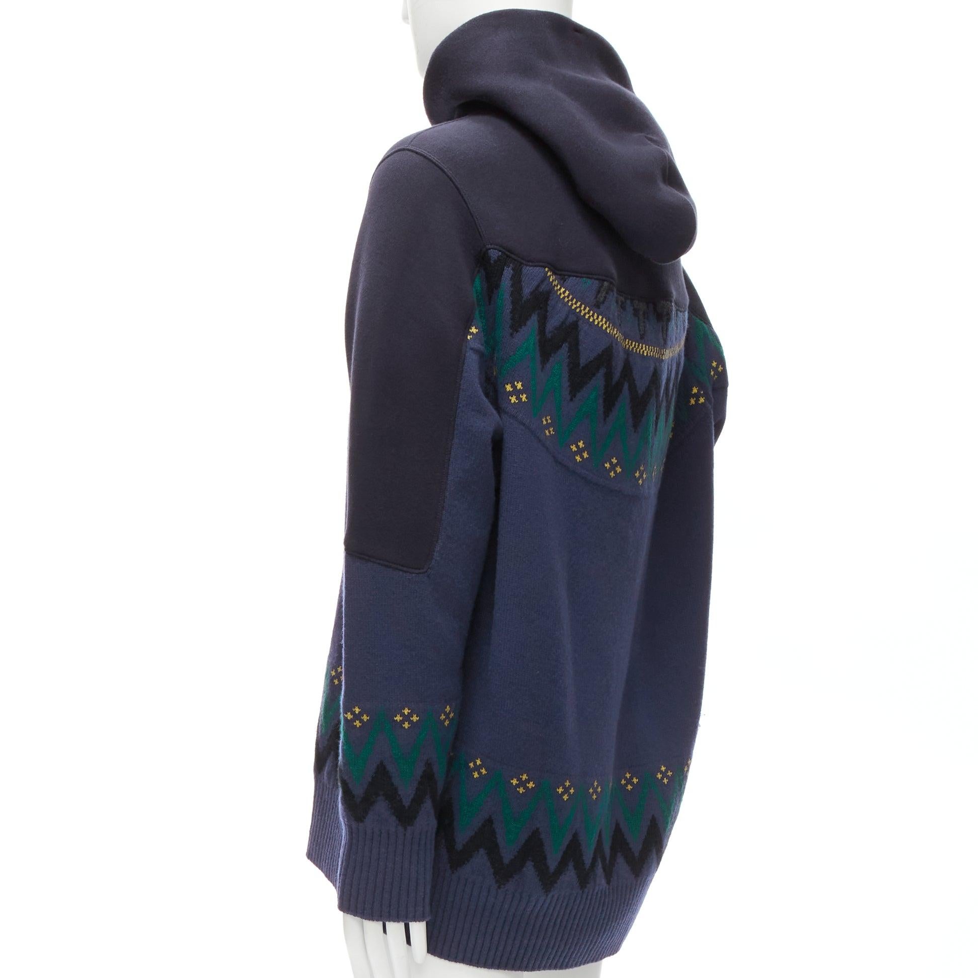 SACAI 2018 navy cotton blend fairisle knit sweater hyrid hoodie JP3 L For Sale 1