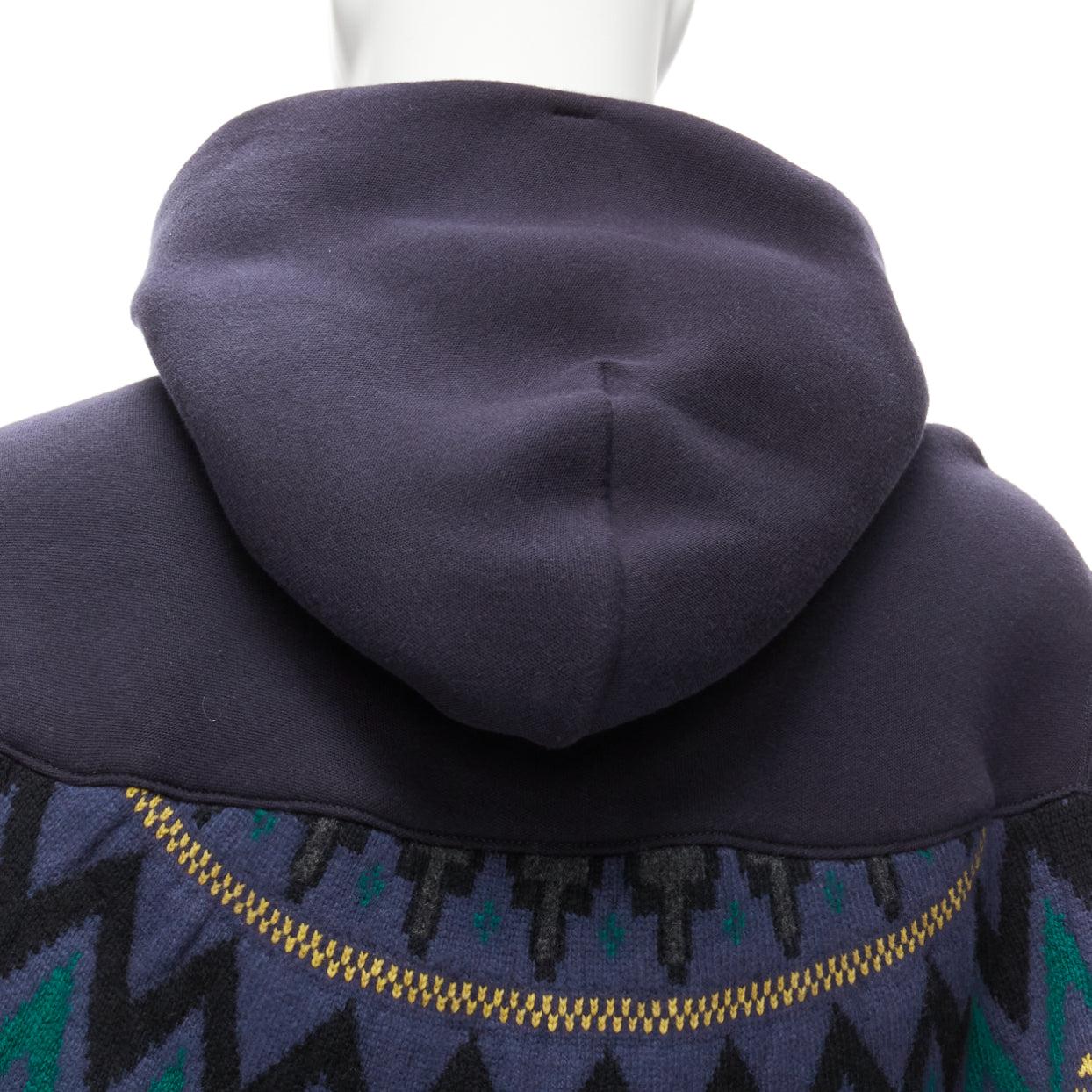 SACAI 2018 navy cotton blend fairisle knit sweater hyrid hoodie JP3 L For Sale 2