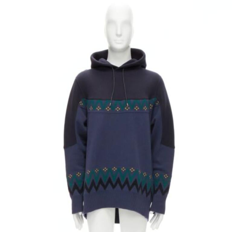 SACAI 2018 navy cotton blend fairisle knit sweater hyrid hoodie JP3 L For Sale 4