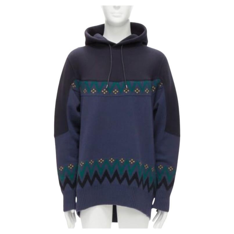 SACAI 2018 navy cotton blend fairisle knit sweater hyrid hoodie JP3 L For Sale