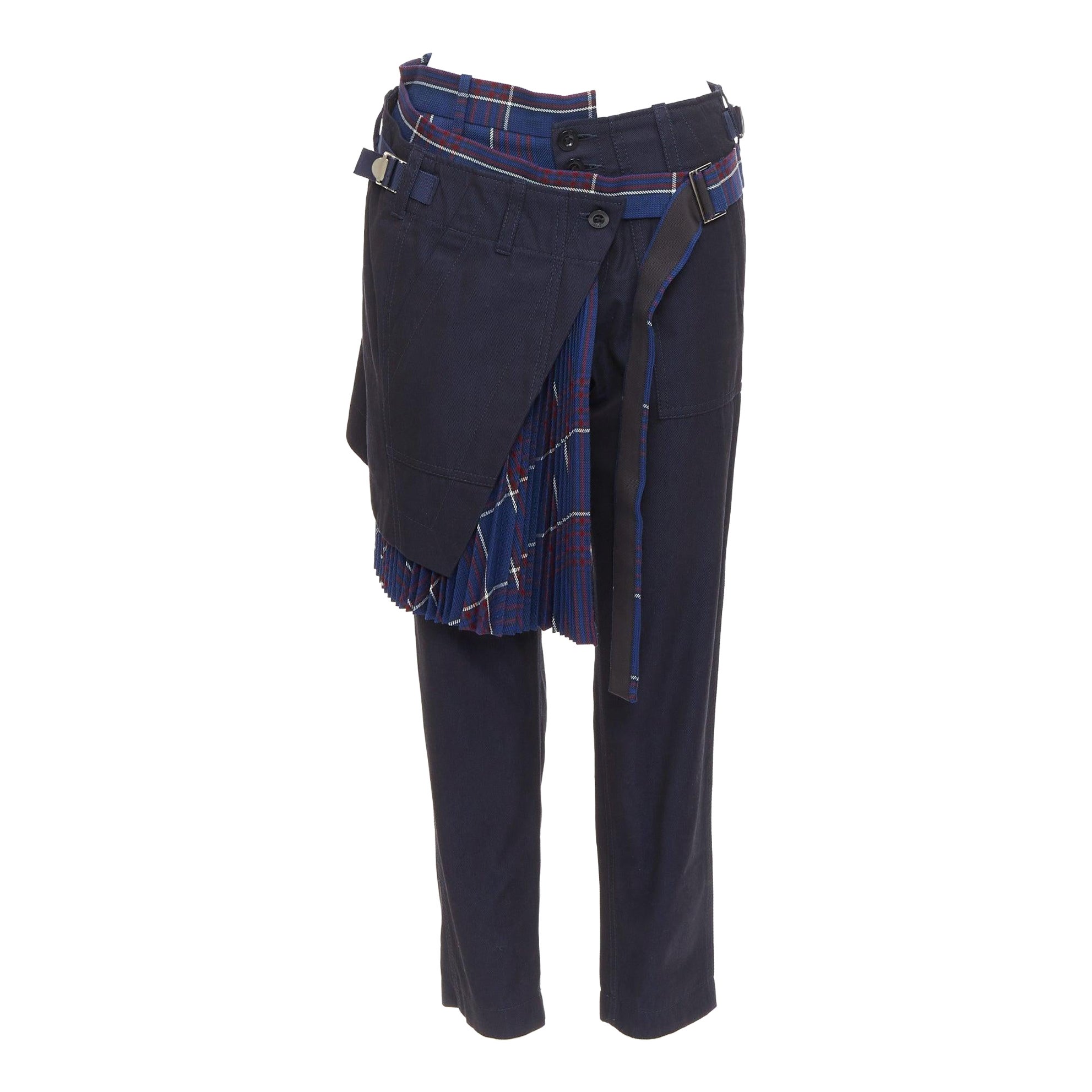 SACAI 2018 red cotton wool blend plaid kilt deconstructed cropped pants JP1 S For Sale