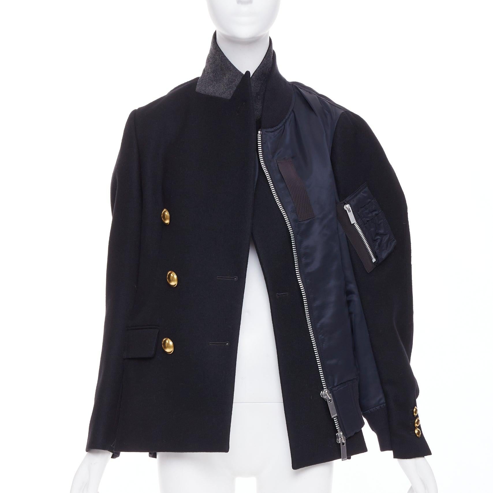 Nero SACAI 2018 Passerella nero bottoni oro ibrido bomber blazer cappotto JP1 S in vendita
