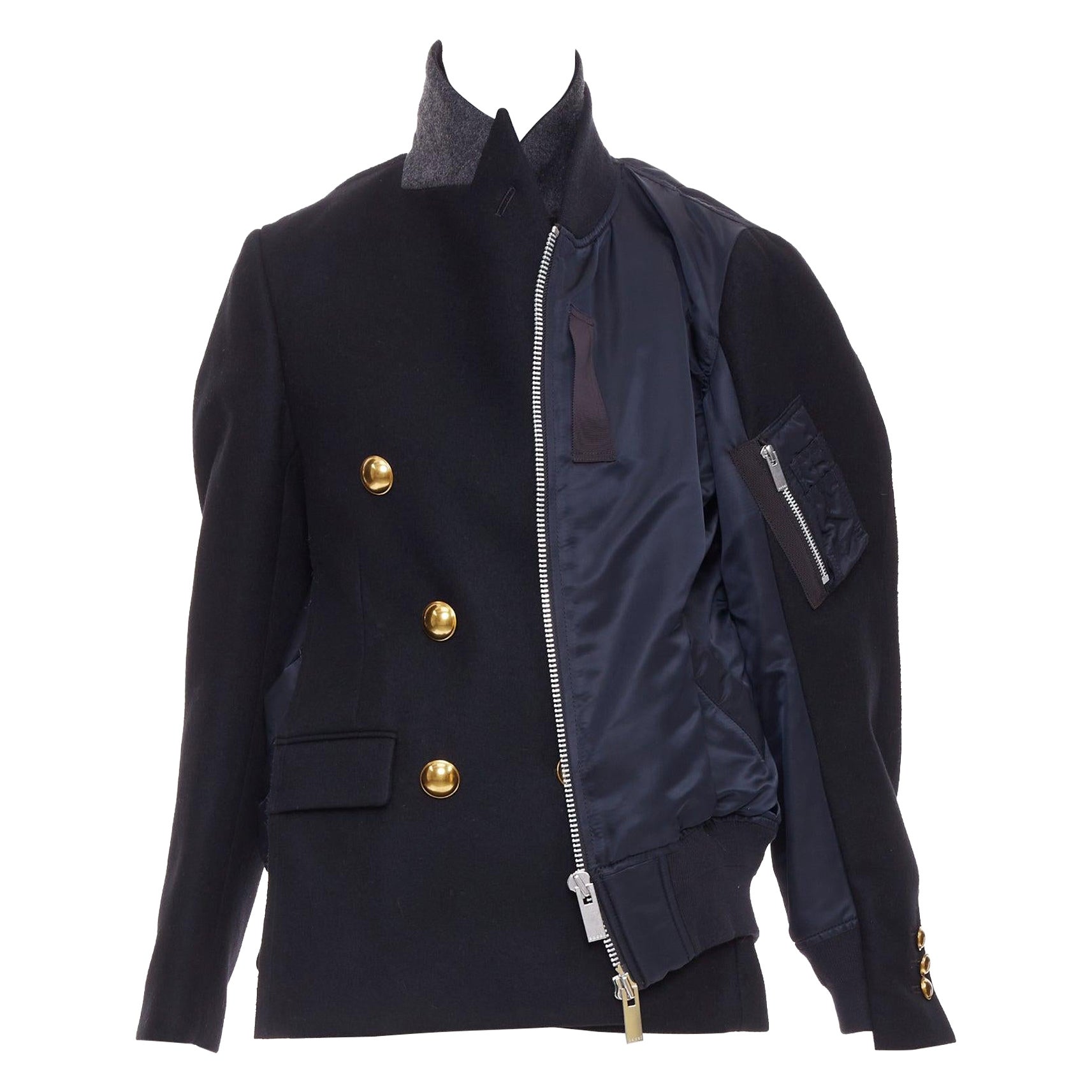 SACAI 2018 Passerella nero bottoni oro ibrido bomber blazer cappotto JP1 S in vendita