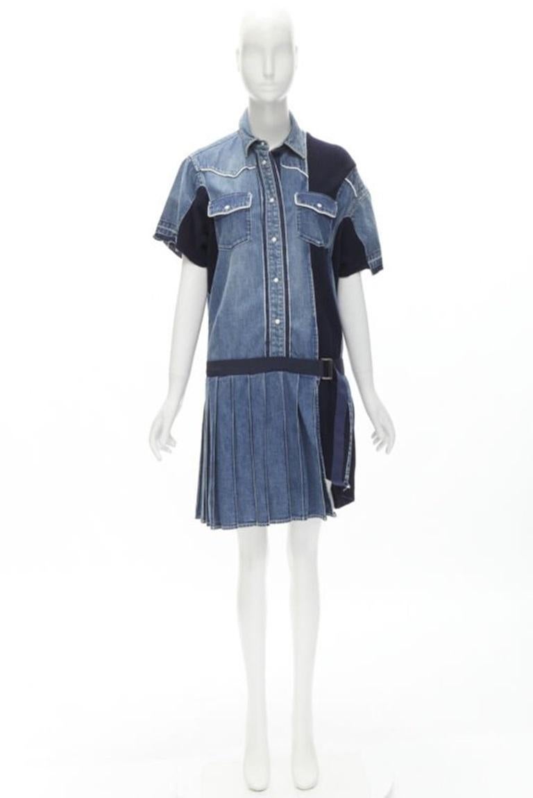 SACAI 2018 washed denim knit insert belted skirt dress JP3 L For Sale 5