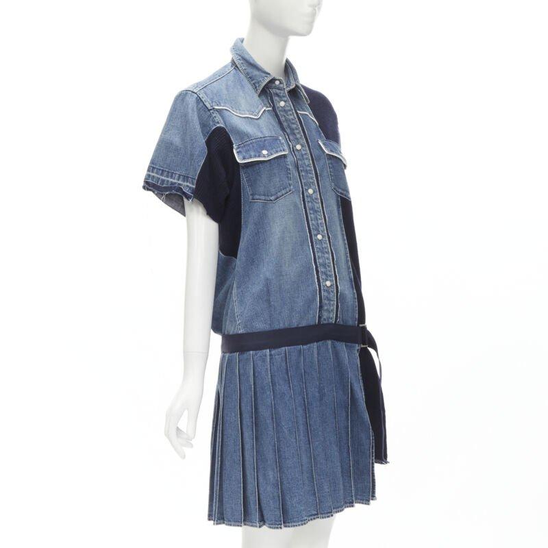 Gray SACAI 2018 washed denim knit insert belted skirt dress JP3 L For Sale
