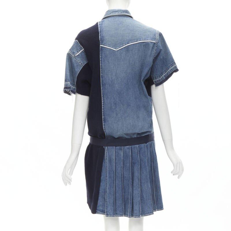 Women's SACAI 2018 washed denim knit insert belted skirt dress JP3 L For Sale