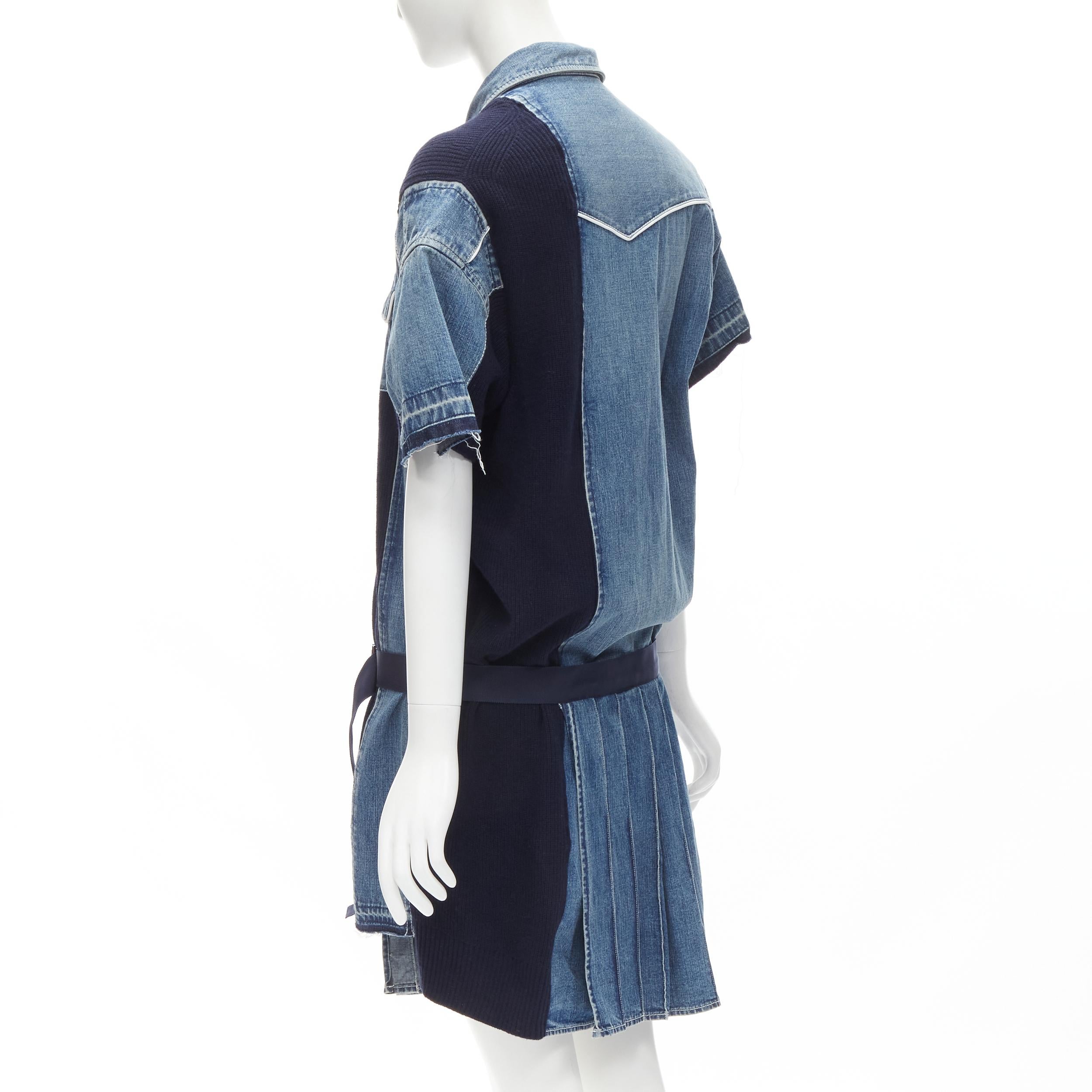 SACAI 2018 washed denim knit insert belted skirt dress JP3 L In Excellent Condition For Sale In Hong Kong, NT