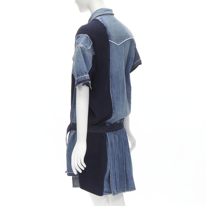 SACAI 2018 washed denim knit insert belted skirt dress JP3 L For Sale 1
