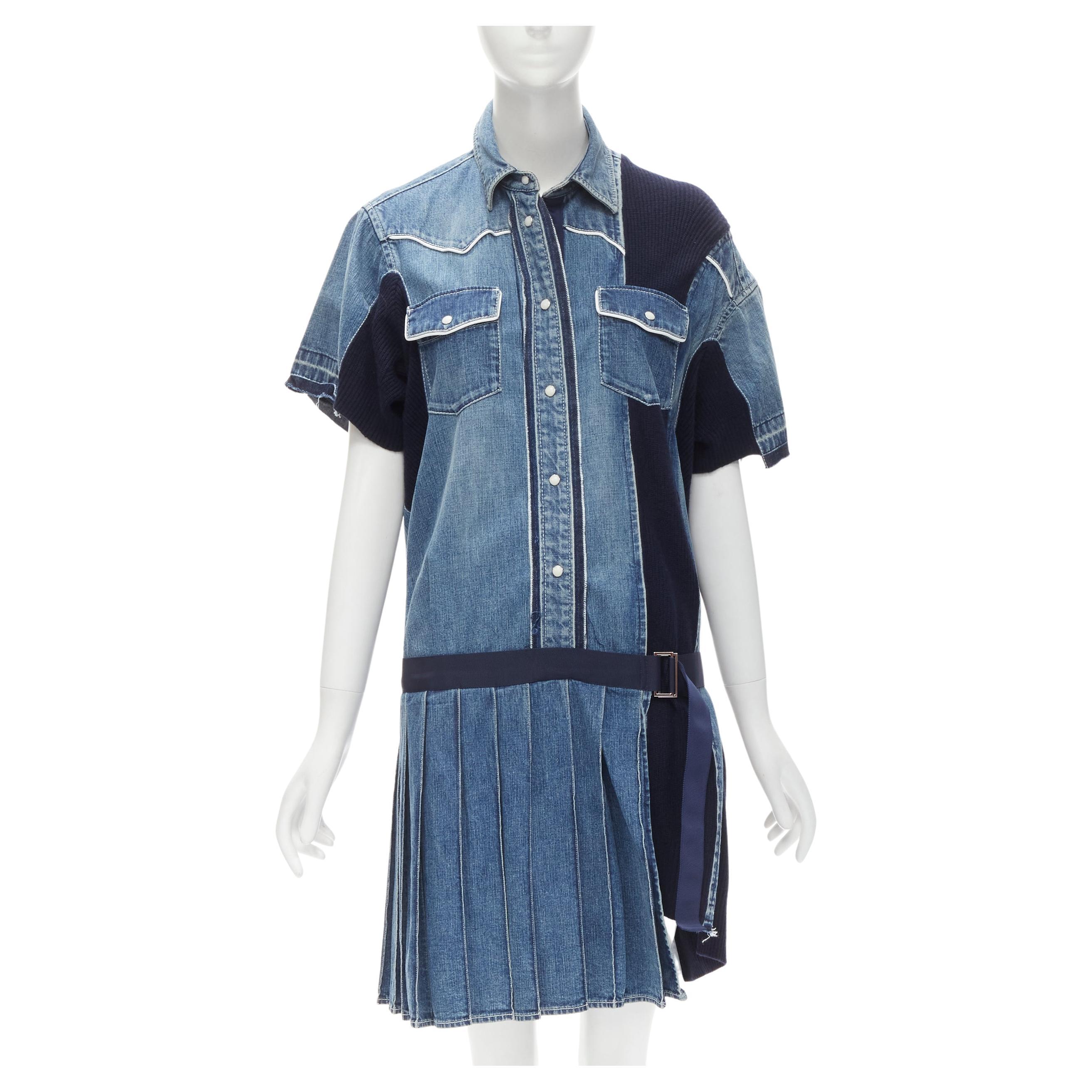 SACAI 2018 washed denim knit insert belted skirt dress JP3 L For Sale