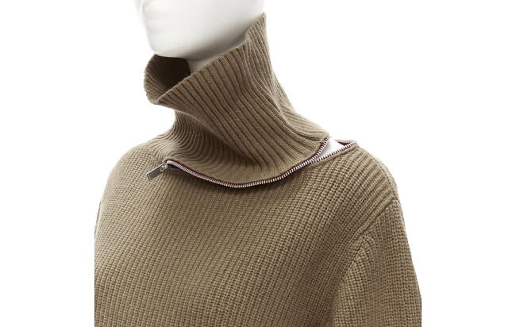 Brown SACAI 2019 100% wool brown zip collar red striped back turtleneck sweater JP1 S For Sale