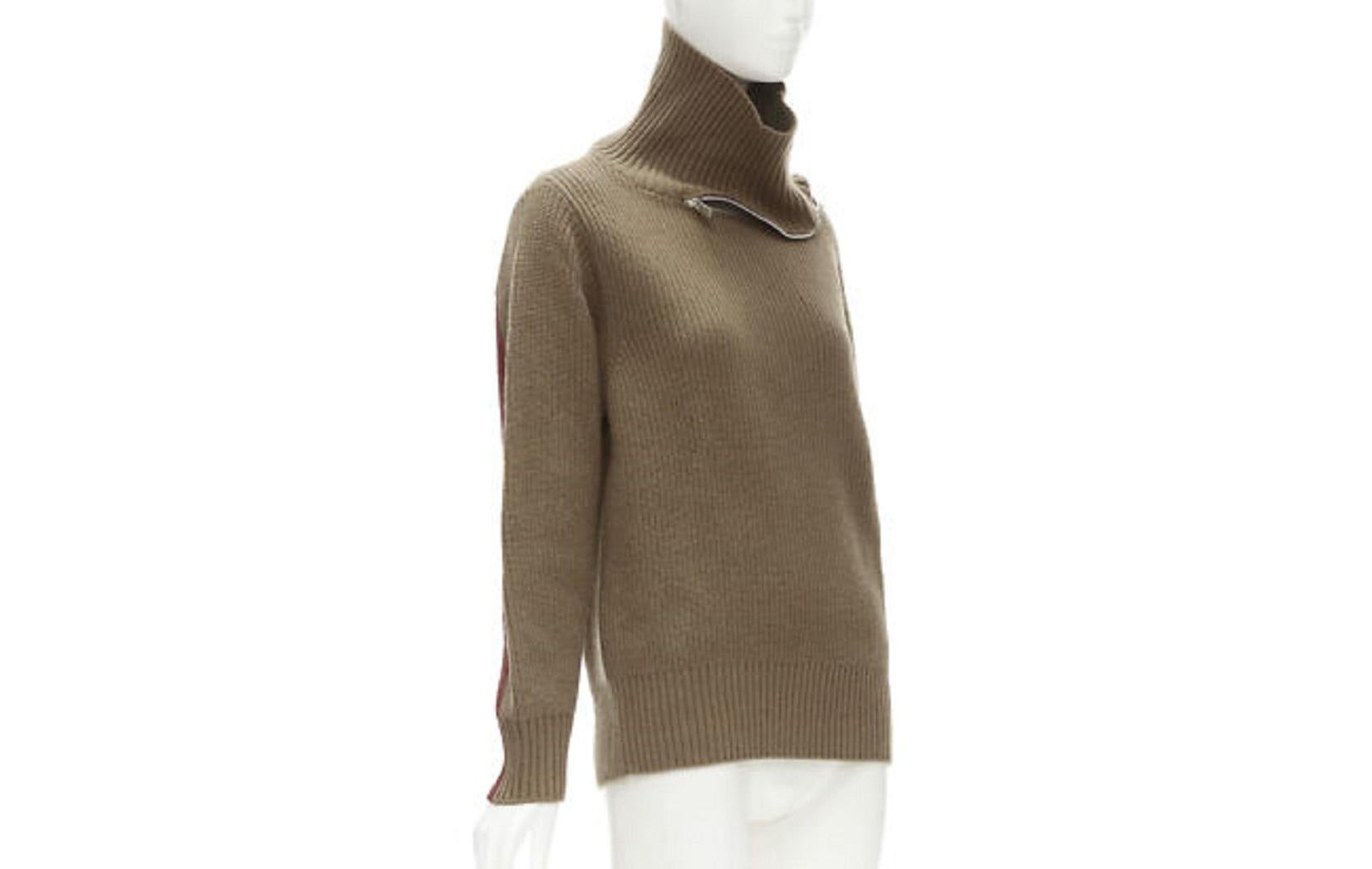 SACAI 2019 100% wool brown zip collar red striped back turtleneck sweater JP1 S In Excellent Condition For Sale In Hong Kong, NT