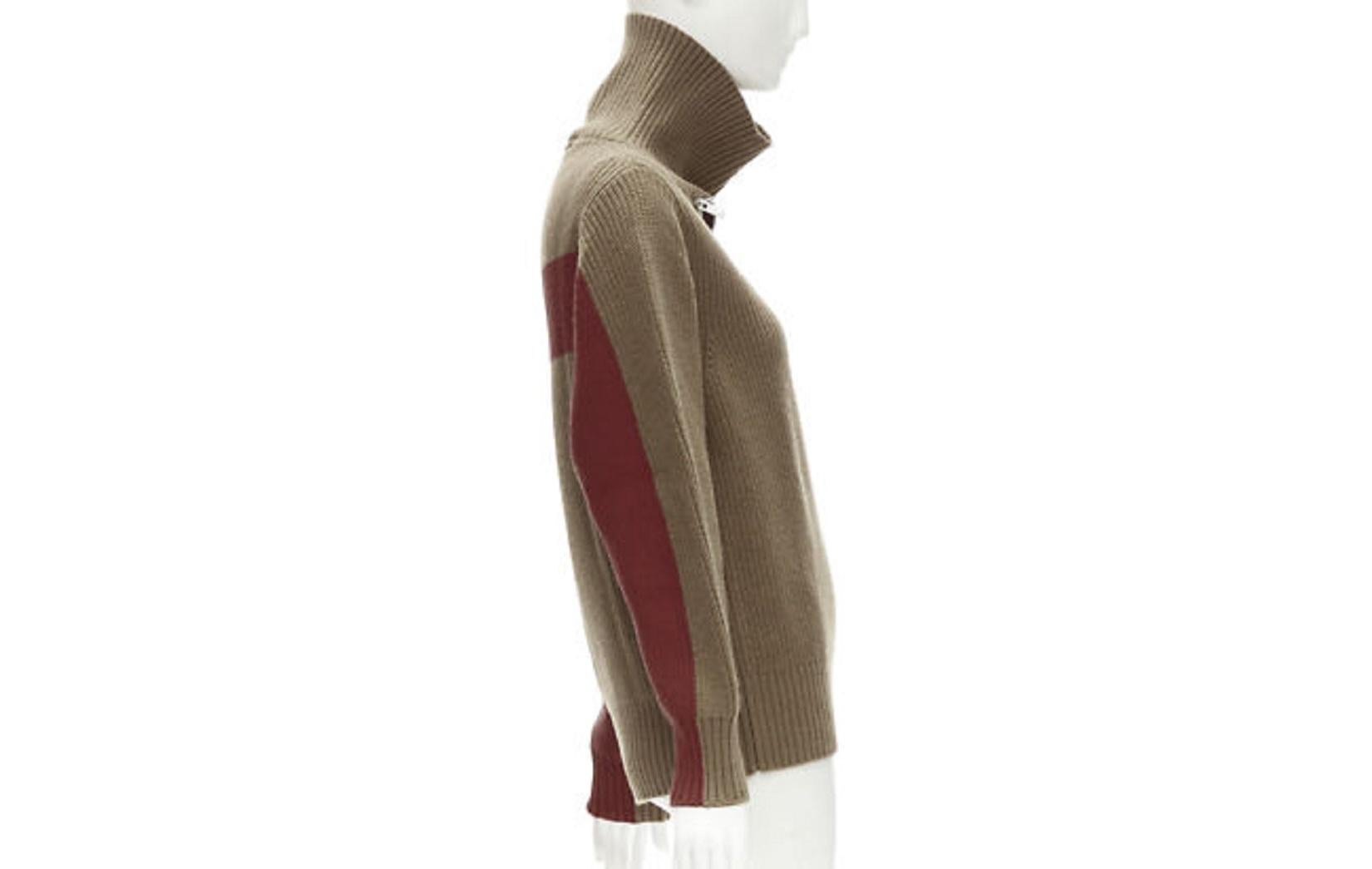 Women's SACAI 2019 100% wool brown zip collar red striped back turtleneck sweater JP1 S For Sale