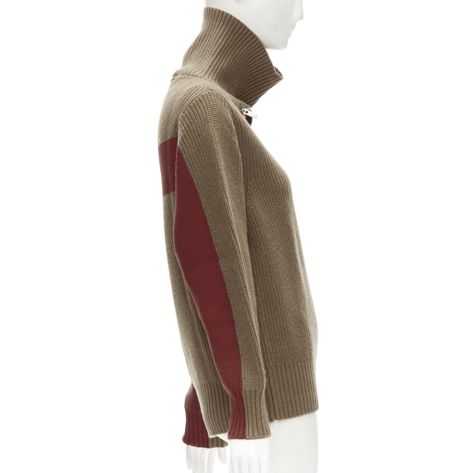 Women's SACAI 2019 100% wool brown zip collar red striped back turtleneck sweater JP1 S