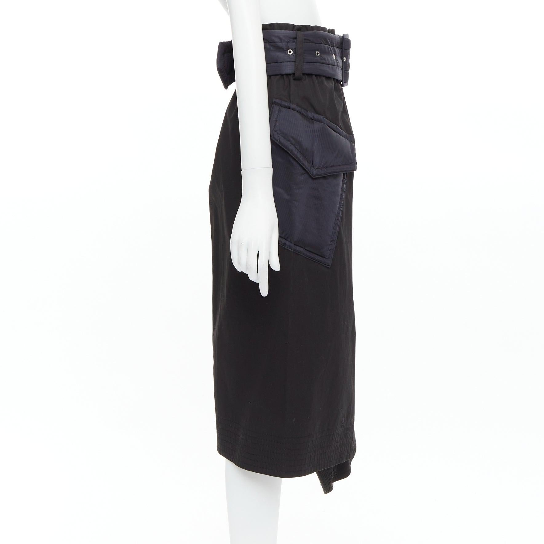 SACAI 2019 black cotton nylon padded pocket asymmetric belted skirt JP1 S In Good Condition For Sale In Hong Kong, NT