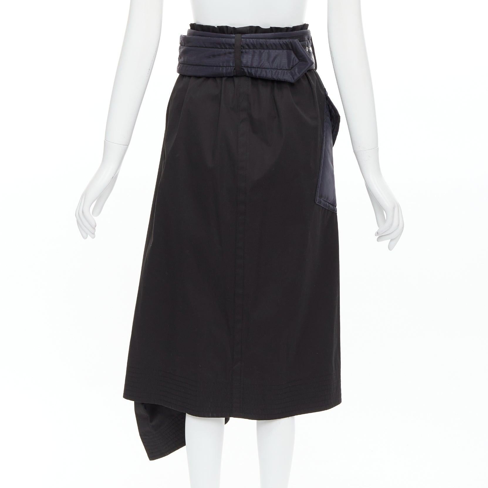 Women's SACAI 2019 black cotton nylon padded pocket asymmetric belted skirt JP1 S For Sale