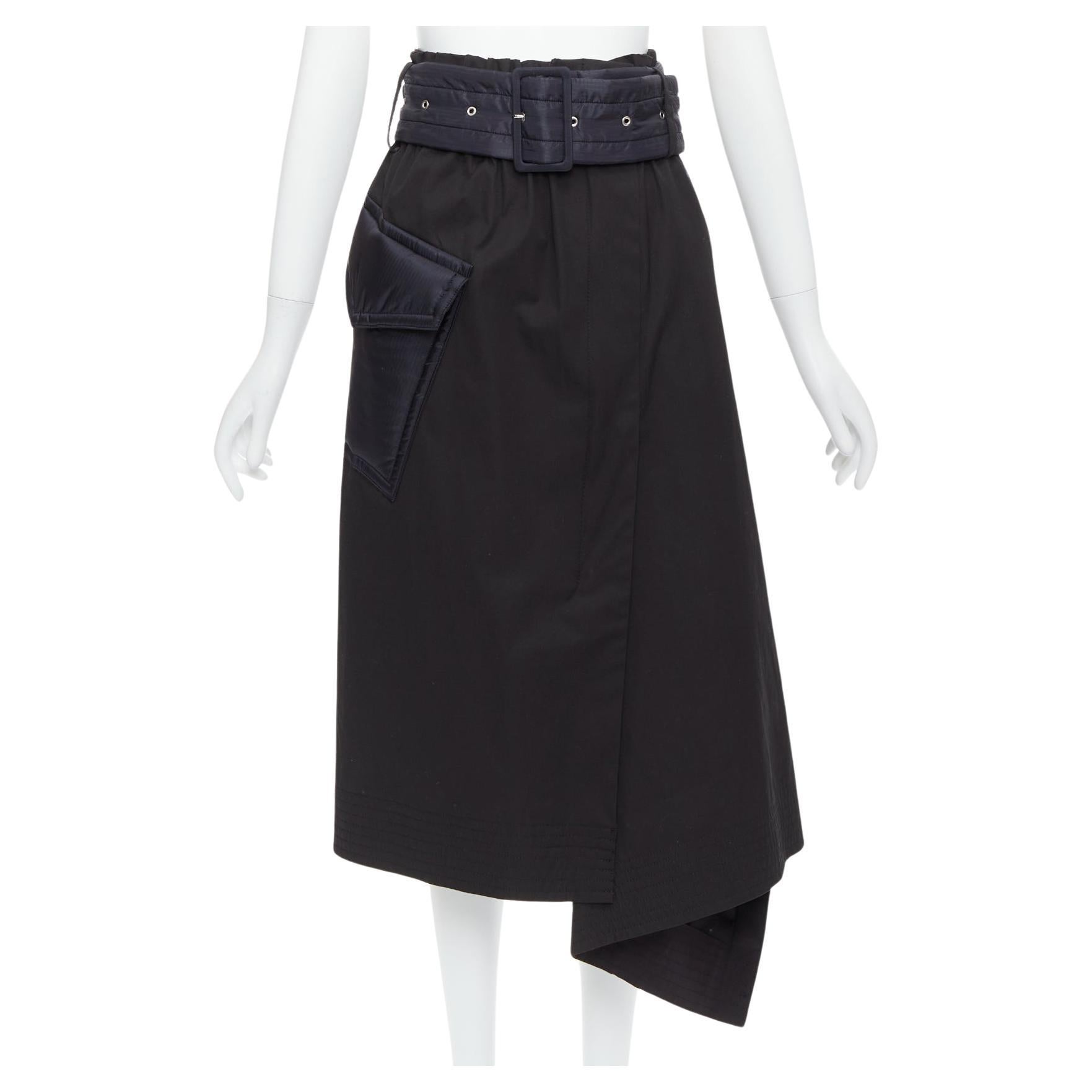 SACAI 2019 black cotton nylon padded pocket asymmetric belted skirt JP1 S For Sale
