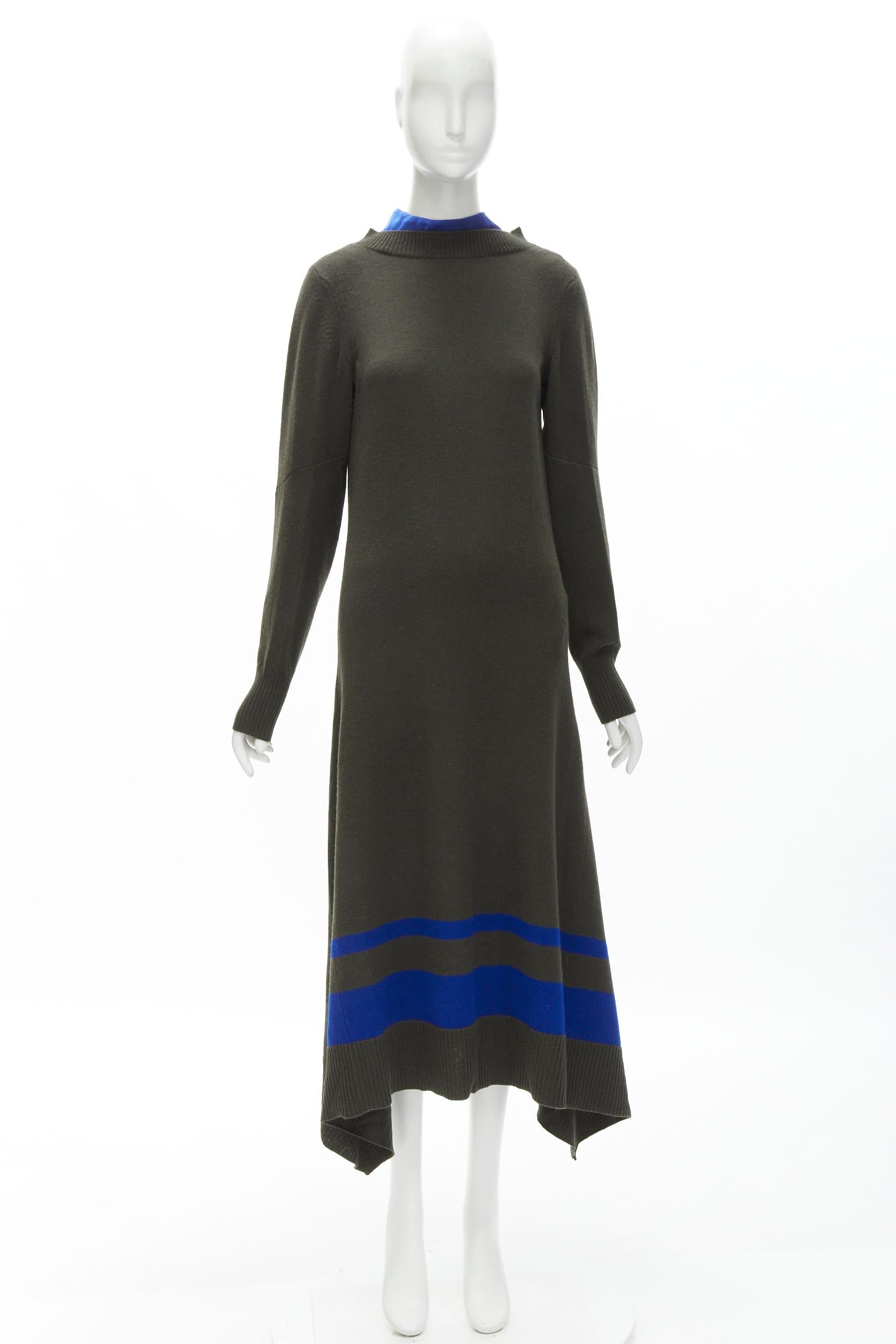 SACAI 2019 dark green wool striped hem viscose blouse back midi dress JP3 L For Sale 6