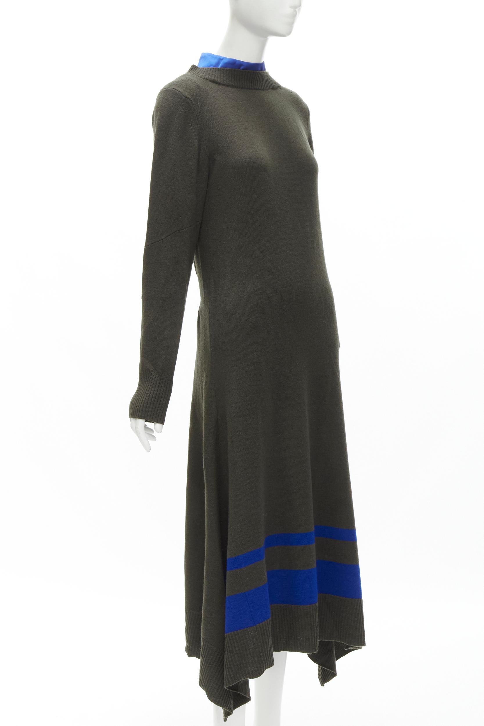 Black SACAI 2019 dark green wool striped hem viscose blouse back midi dress JP3 L For Sale
