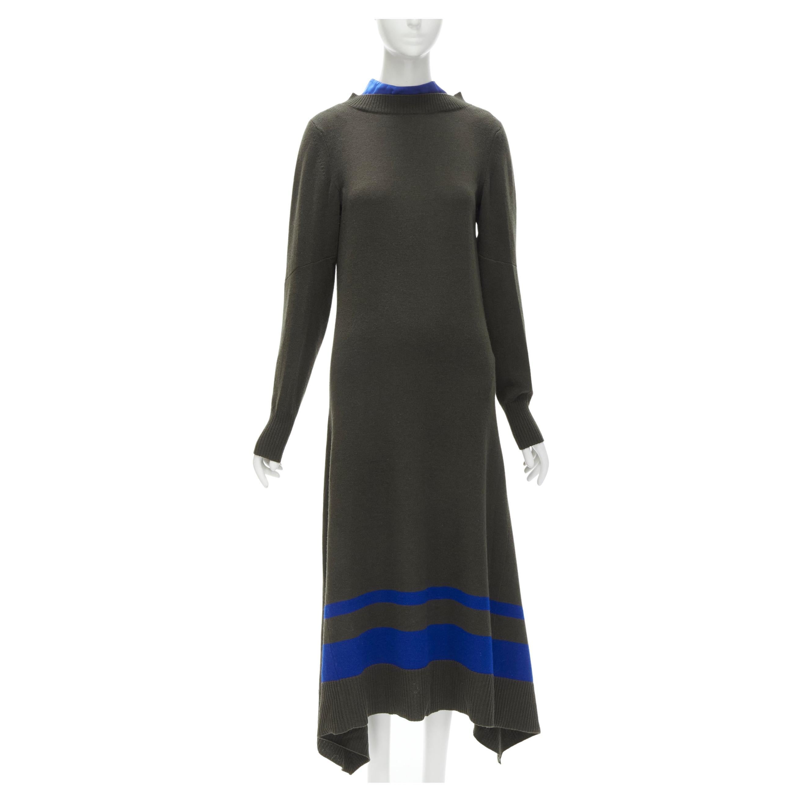 SACAI 2019 dark green wool striped hem viscose blouse back midi dress JP3 L For Sale