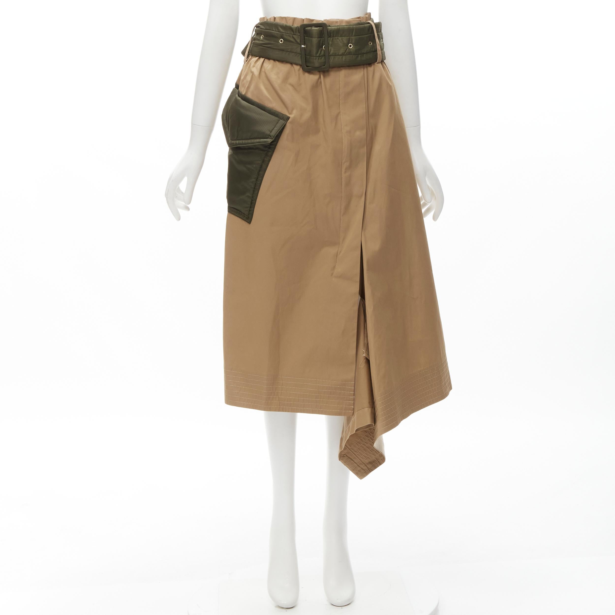 SACAI 2019 khaki brown semi detached hem padded nylon pocket belted skirt JP2 M For Sale 4