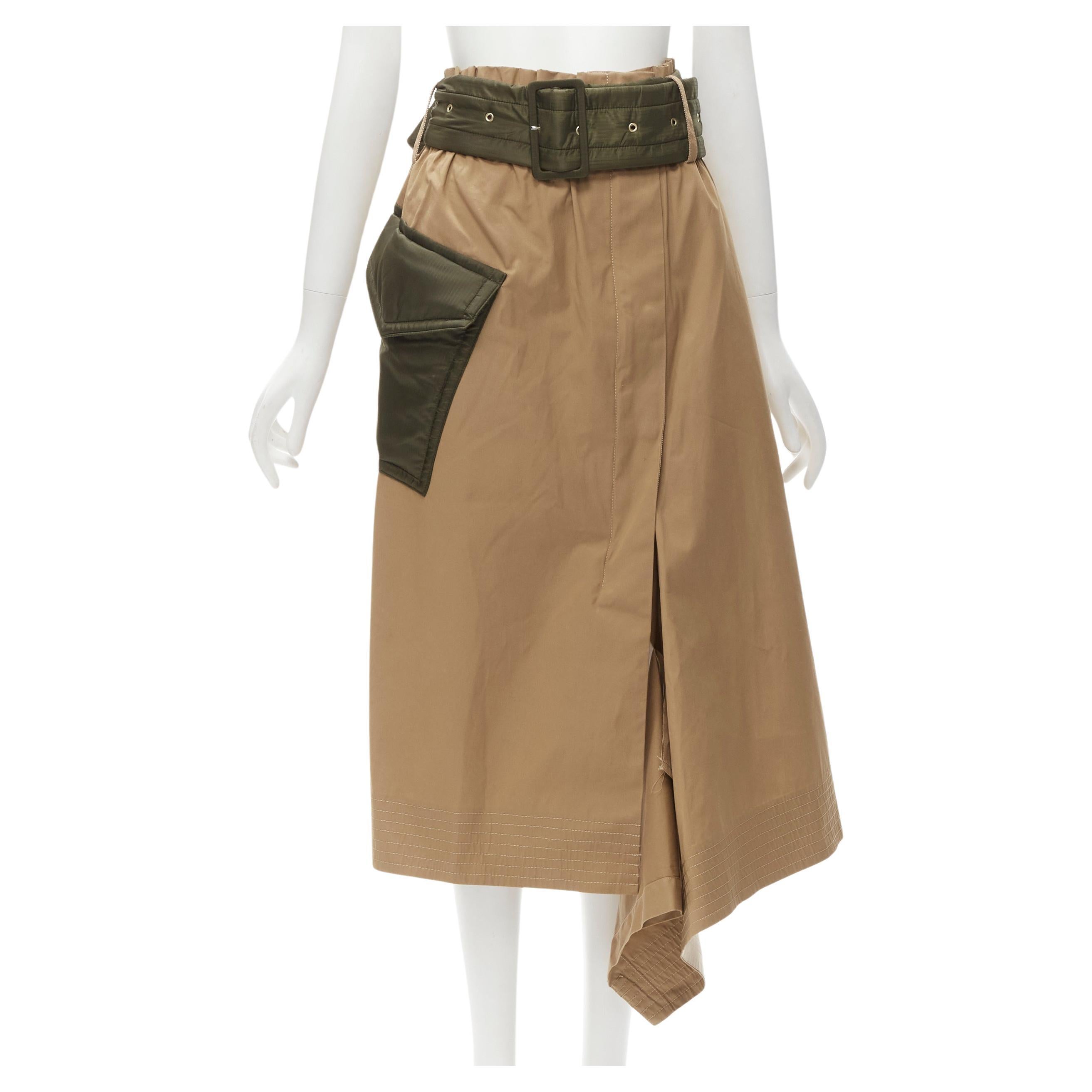 SACAI 2019 khaki brown semi detached hem padded nylon pocket belted skirt JP2 M For Sale