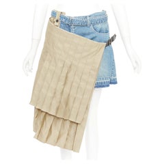 SACAI 2019 Runway beige kilt pleated cotton panel deconstructed denim shorts JP2