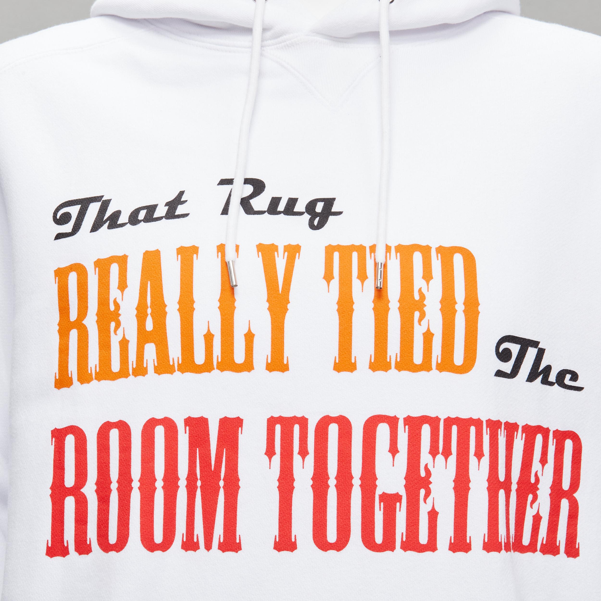 SACAI 2020 Big Lebowski Really Tied Room Together slogan white hoodie Sz.2 M
Reference: YNWG/A00112
Brand: Sacai
Designer: Chitose Abe
Collection: 2020 Big Lebowski
Material: Cotton
Color: White, Red
Pattern: Graphic
Closure: Pullover
Extra Details: