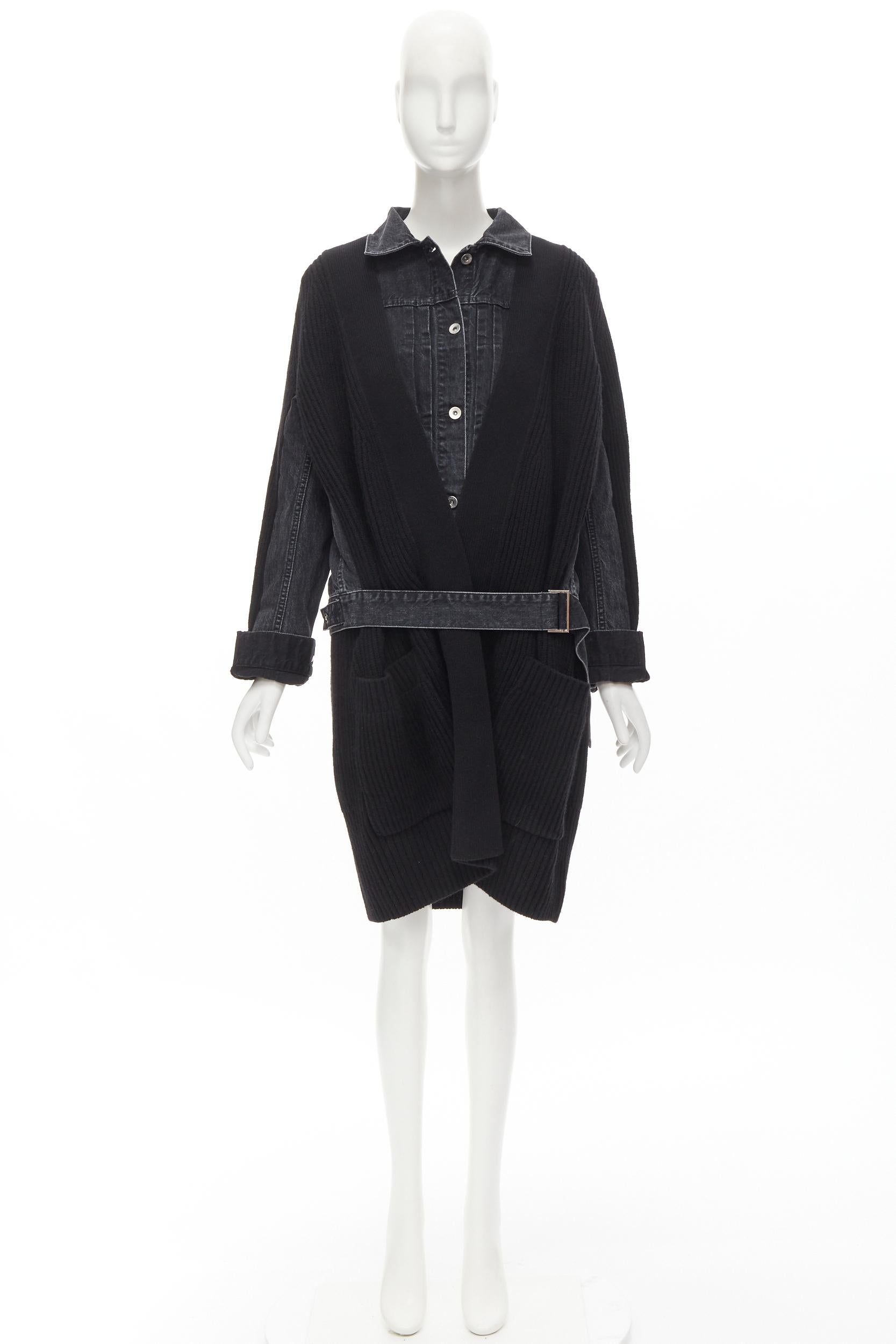 SACAI 2020 black reconstructed washed denim ribbed cardigan coat JP3 L For Sale 5