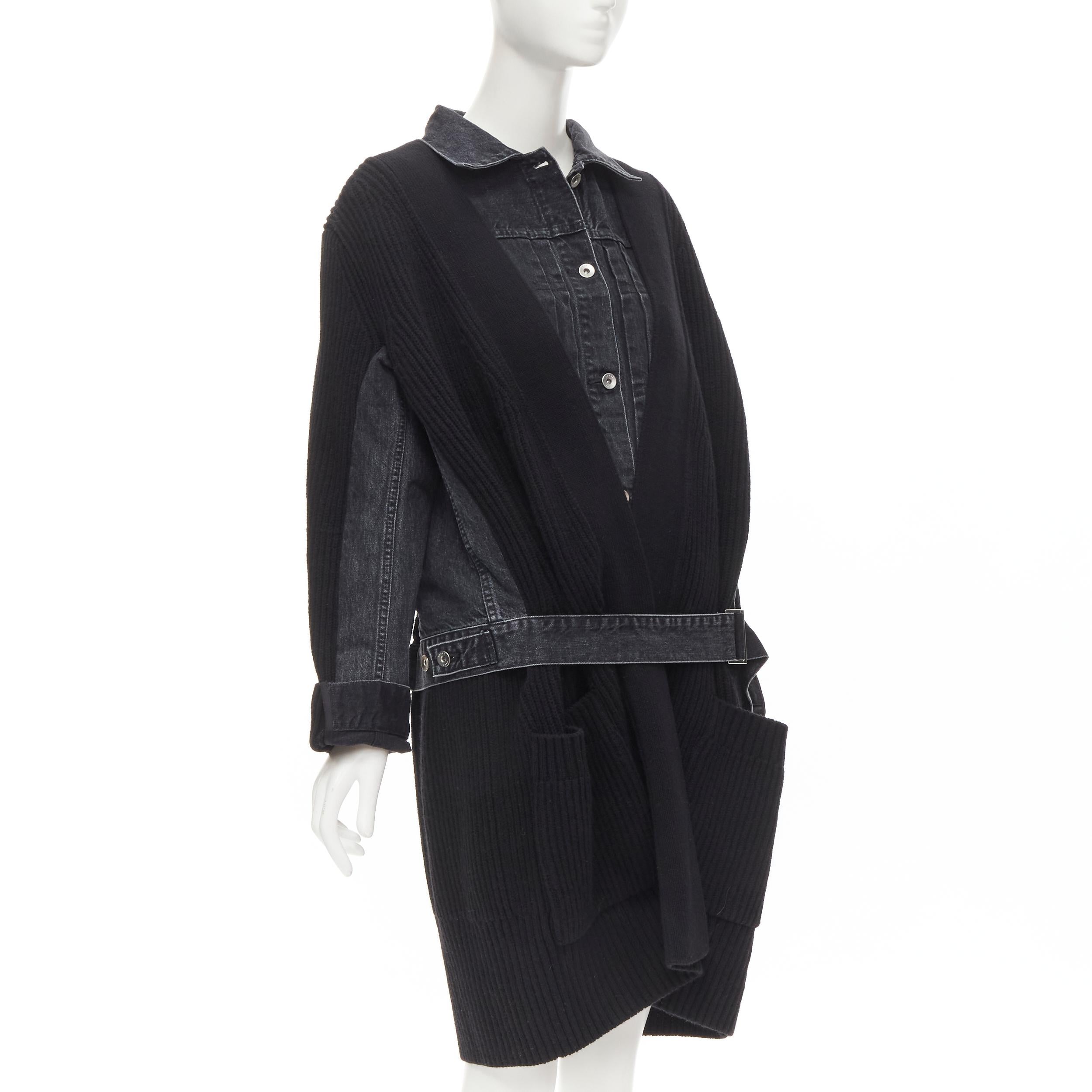 Black SACAI 2020 black reconstructed washed denim ribbed cardigan coat JP3 L For Sale