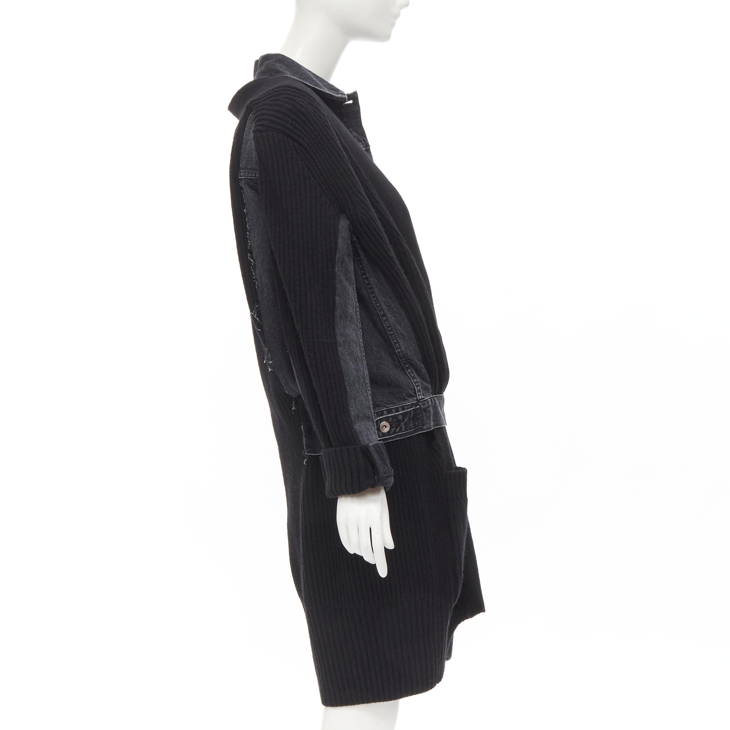 SACAI 2020 black reconstructed washed denim ribbed cardigan coat JP3 L In Excellent Condition For Sale In Hong Kong, NT