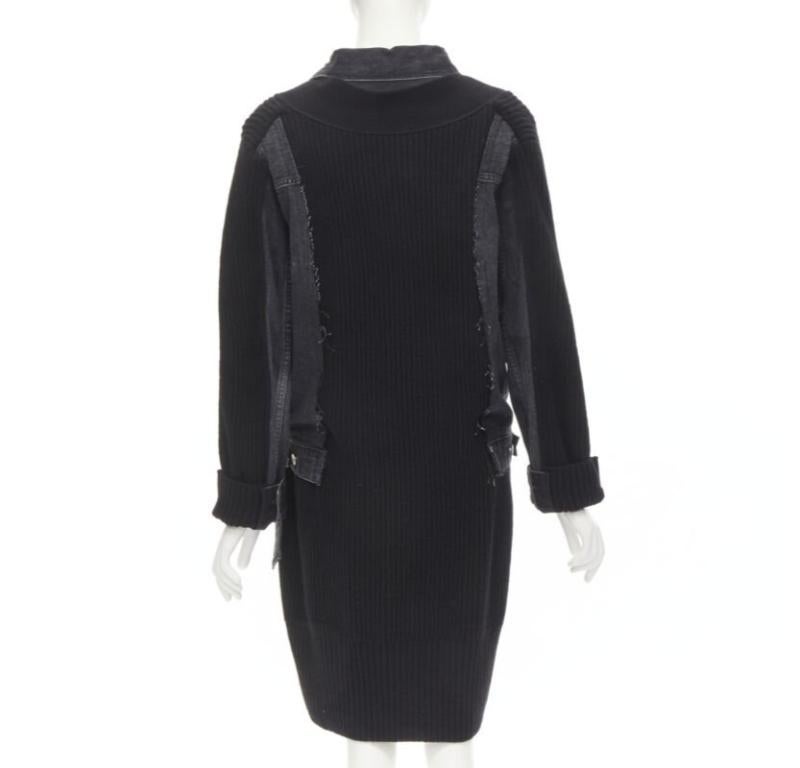 Women's SACAI 2020 black reconstructed washed denim ribbed cardigan coat JP3 L For Sale