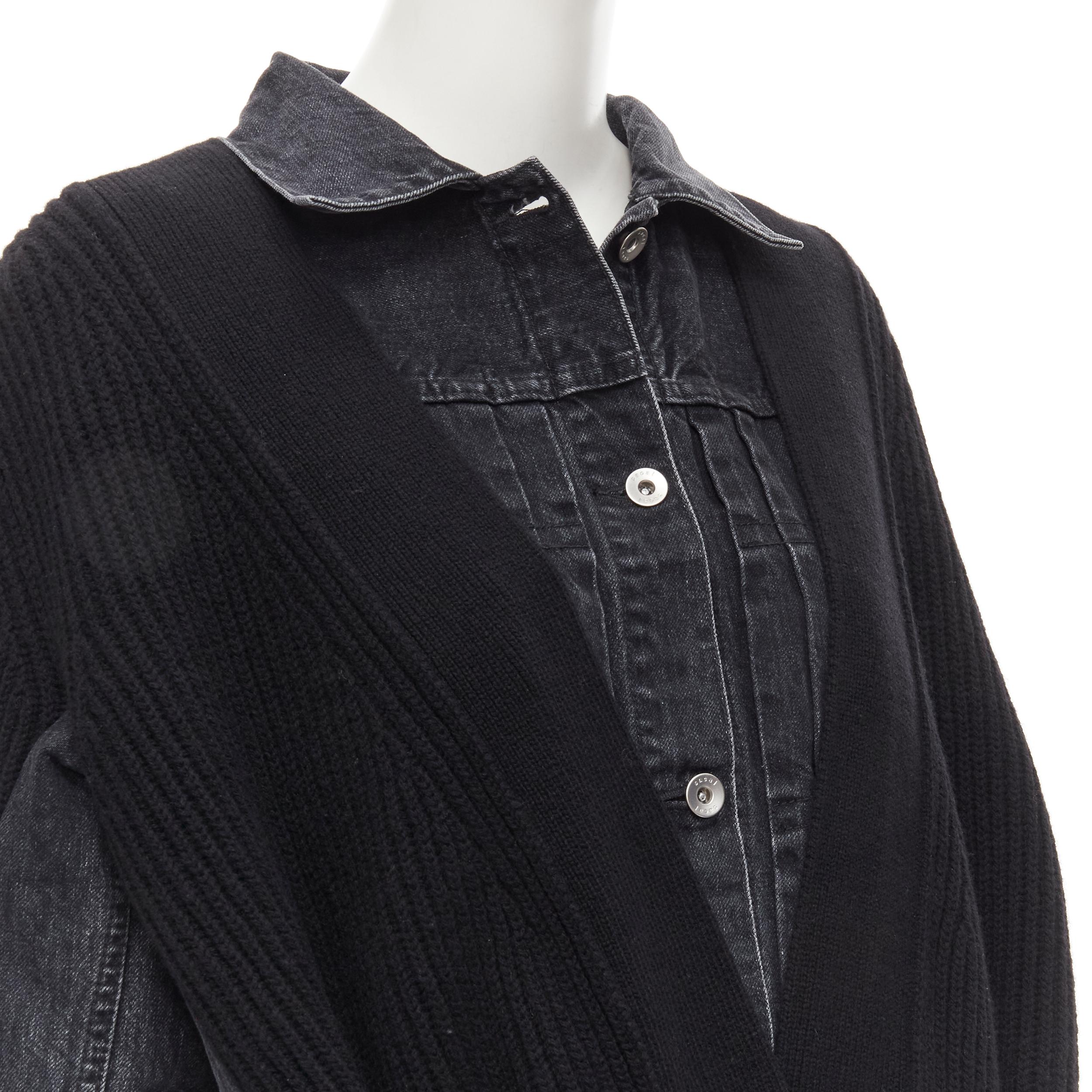 SACAI 2020 black reconstructed washed denim ribbed cardigan coat JP3 L For Sale 2