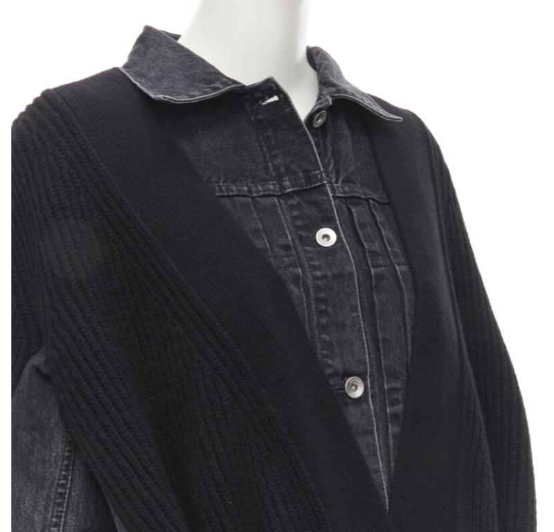 SACAI 2020 black reconstructed washed denim ribbed cardigan coat JP3 L For Sale 2