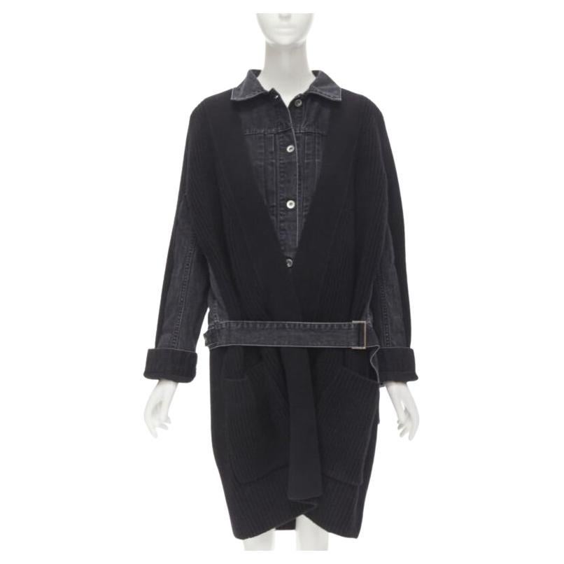 SACAI 2020 black reconstructed washed denim ribbed cardigan coat JP3 L For Sale