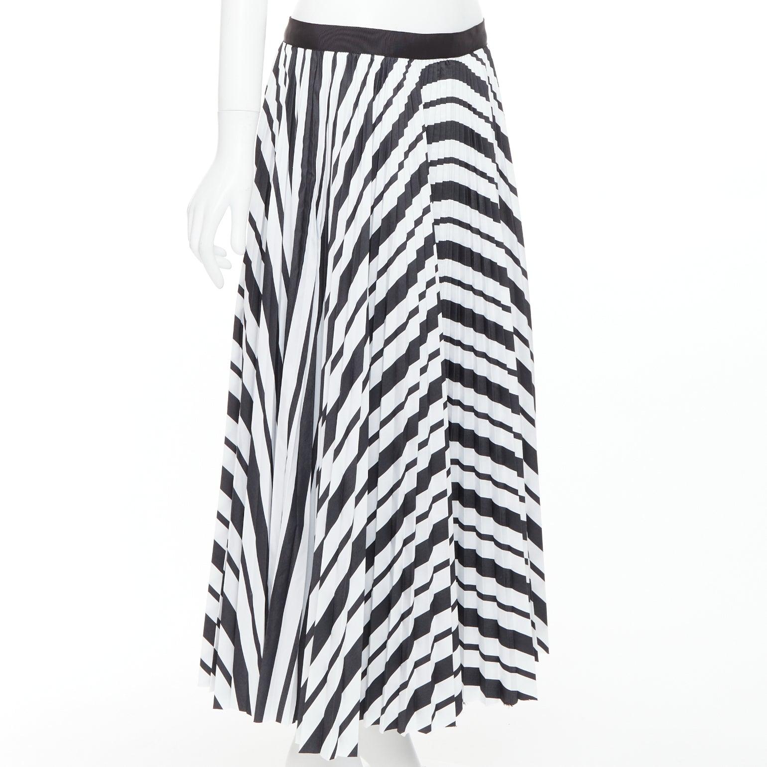 Gray SACAI 2020 black white striped ribbon waistband pleated midi skirt JP4 XL For Sale