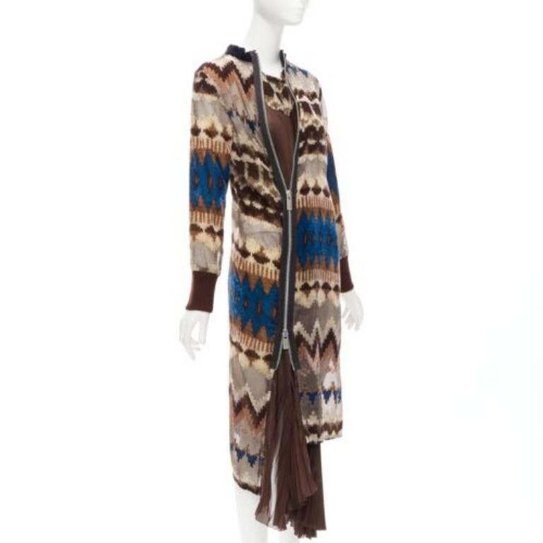 Black SACAI 2020 brown blue ethnic sheer devore zip pleat midi dress JP1 S For Sale