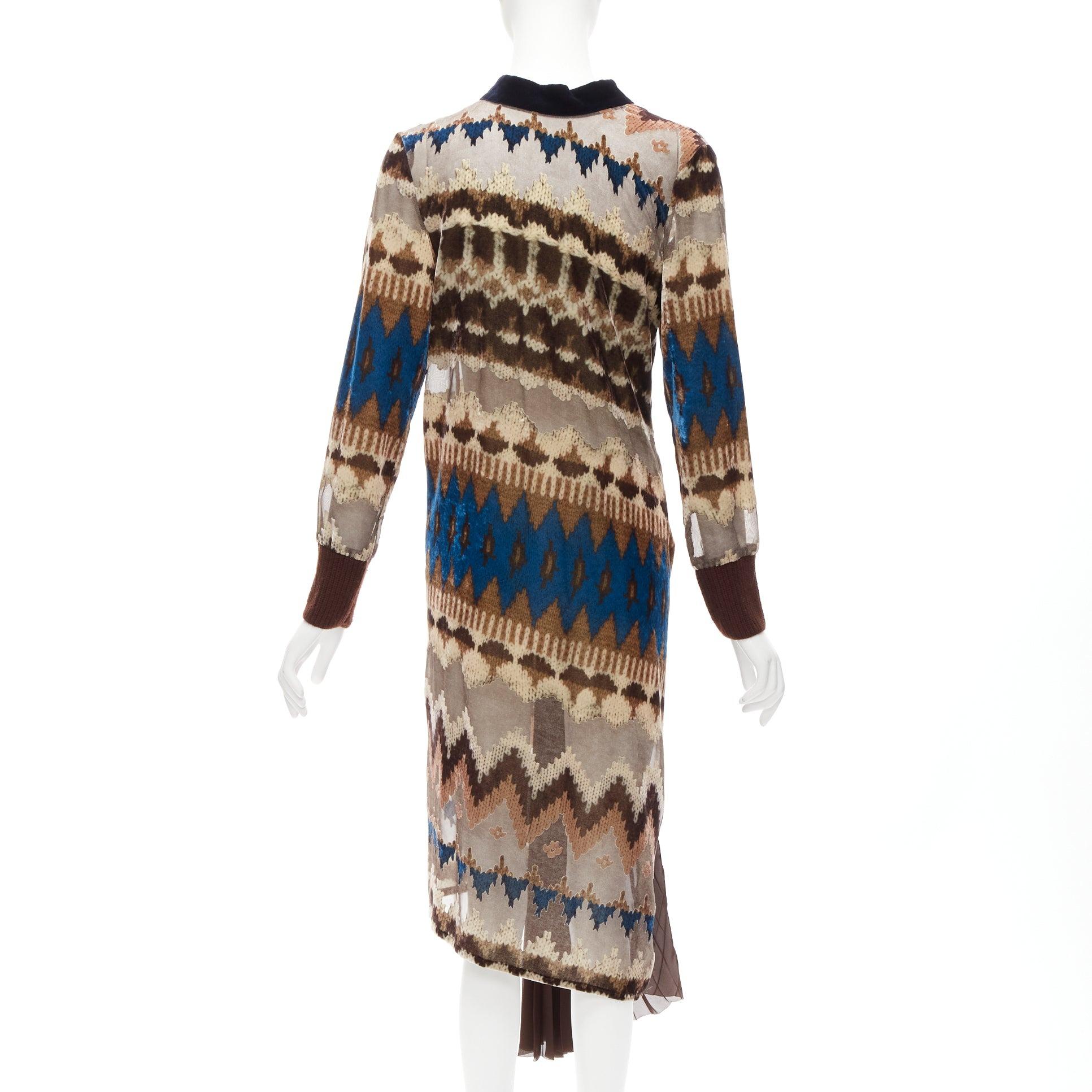 SACAI 2020 brown blue ethnic sheer devore zip pleat midi dress JP1 S In Excellent Condition For Sale In Hong Kong, NT