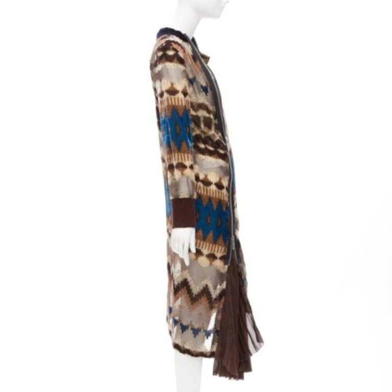SACAI 2020 brown blue ethnic sheer devore zip pleat midi dress JP1 S In Excellent Condition For Sale In Hong Kong, NT